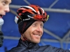 Snow begins to fall again as Levi Leipheimer, of Team Radioshack (USA) is introduced to the crowd at the Amgen bike race start line Sunday May, 15, 2011.Â 