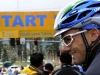 Andreas Schillinger, a German riding for Team Netapp (Germany) talks to the media at the starting line of the Amgen bike race Sunday May 15, 2011.Â 