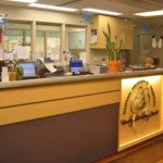Glass at the nurses' station adds privacy.