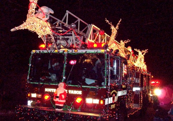 Decorated fire truck rolling through South Lake