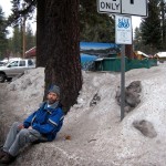 weather Anthony Clark sits in the snow as flurries fall Feb. 2. Otherwise he'd be standing in the street waiting for the bus in South Lake Tahoe. Photo/Kathryn Reed