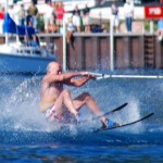 skier Les Bartlett without a wetsuit on Tahoe's icy water. Photo/Tom Bredt