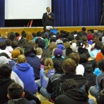 Manny Scott connects with South Tahoe Middle School students. Photo/Kathryn Reed