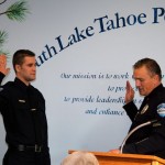 South Tahoe Police Chief Brian Uhler, right, on Jan. 10 swear in Officer Brain Hannink. Photo/Provided