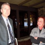 k'town Attorney Mike McLaughlin and Kindertown owner Maria Barrows-Crist outside the courthouse on Feb. 3. Photo/Kathryn Reed