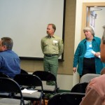 meeting Rick Hopson and Sue Rodman of the Forest Service listen to questions April 30 about the Kirkwood-PG&E project. Photos/Kathryn Reed