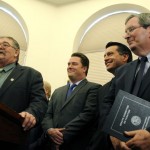 budget Gov. Brian Sandoval, second from right, is joined by legislative leaders Assemblyman Pete Goicoechea, R-Eureka, left, Assembly Speaker John Oceguera, D-Las Vegas, and state Sen. Mike McGinness, R-Fallon, to announce a budget agreement June 1 at the Nevada Legislative Building in Carson City. Photo/Lisa J. Tolda