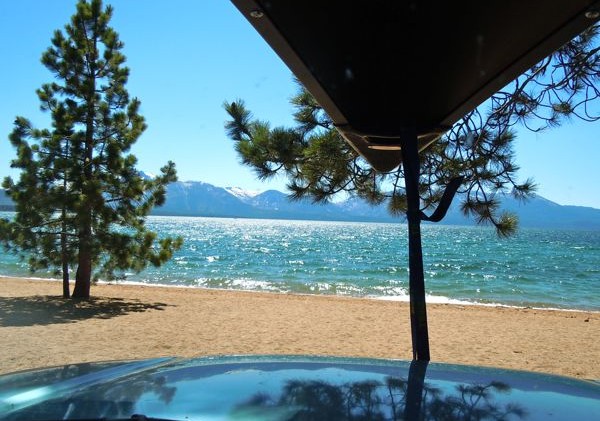 Paddling between watering holes on the shore of Tahoe