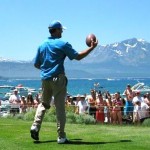 Aaron Rodgers looks for a receiver on the beach on the 17th hole of Edgewood.