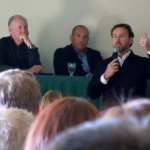 ski meeting Andy Wirth of Squaw speaks Oct. 27 as Art Chapman of JMA and Bill Rock of Northstar listen. Photo/Kathryn Reed