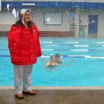 snow Lifeguard Tiff at the South Lake Tahoe city pool on Oct. 5 with water exercisers Gina and Linda. Photo/Cindy Beberg
