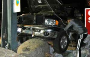 A rock stopped the truck from taking out the post.