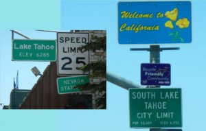 Signs at the state line welcome people to Nevada and California, respectively, but officials would like to focus on this being one community, one economy. Photo/LTN