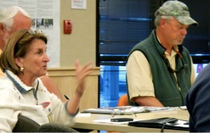 Jane Mitchell talks May 29 about how the information coming out now about the Lahontan cutthroat trout program has changed, while Victor Babbitt listens. Photo/Kathryn Reed