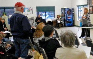 South Lake Tahoe City Manager Nancy Kerry addresses a question from resident John Cefalu at the May 6 parking meeting at the senior center. Photo/Kathryn Reed