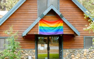 The flag outside the Live Violence Free office in South Lake Tahoe. Photo/LTN