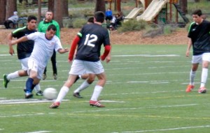 While the LTCC college board voted to approve an intercollegiate soccer program, an adult league used what will be the home field for the college team. Photo/Kathryn Reed