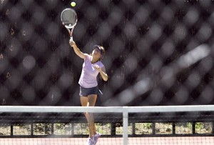 Suzy Allione serves during a match at Zephyr Cove.