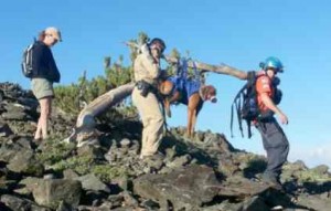 Janet Field follows the her dog's rescuers off the peak of Mount Tallac on July 28. Photo/Provided