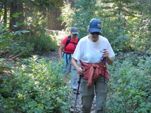 Cleo Reed and Sue Wood hiking in Desolation in July.
