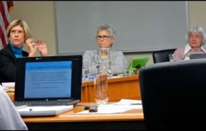 LTCC President Kindred Murillo, from left, talks as board members Karen Borges and Roberta Mason listen. Photo/Kathryn Reed