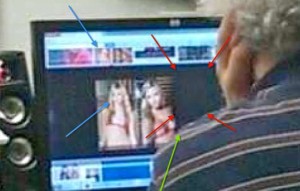 The square indicated by the red arrows indicates that someone blocked out what was there.  The green shows that the shoulder is not a clean line, indicating poor cloning.  The blue arrows show that the women's faces are clearer but the photos on the top and bottom of the screen are extremely blurry.