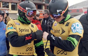 arod and Bobby Minghini fist-bump each other before the Sprint U.S. Grand Prix event earlier this year. The brothers are attempting to qualify for the 2014 Sochi Winter Olympics in February. Photo/Provided