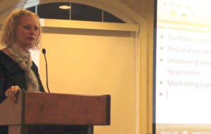 B Gorman, CEO of Lake Tahoe South Shore Chamber of Commerce, talks Jan. 28 about plans for this year. Photo/Provided