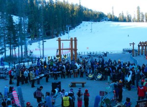 Before the sun comes over the ridge, the band welcomes skiers to Sierra.