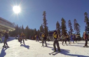 Members of the Cal band ski and play down the slopes at Sierra-at-Tahoe. Photo/Steven Hemphill