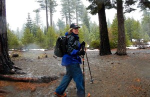 A soggy Sue treks through Donner Memorial State Park on Jan. 11.