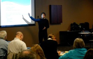 Dan Sussuman with Lahontan on Jan 30 discusses efforts to understand the near shore of Lake Tahoe. Photo/Kathryn Reed