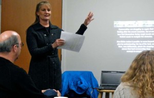 Sheri Woodsgreen on Jan. 8 explains her company's development concept for Meyers. Photo/Kathryn Reed