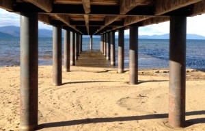 More sand than water is currently under the Tahoe Keys Pier. Photo/Kathryn reed