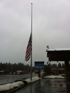 Pent up winter took its toll on the flag at American Oil gas station in South Tahoe.