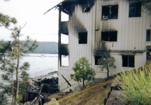 Fire destroys the building.
