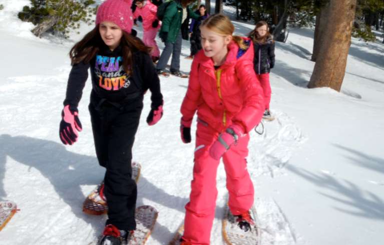 McKenna Villa, left and Braya Weaks from Zephyr Cove Elementary trek at Heavenly. Photos/Kathryn Reed