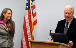 South Lake Tahoe Mayor Hal Cole reads a proclamation for Assistant U.S. Attorney Michelle Rodriguez. Photo/LTN