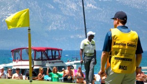 Jerry Rice often interacts with the gallery perched in the sand and on boats at Hole 17.