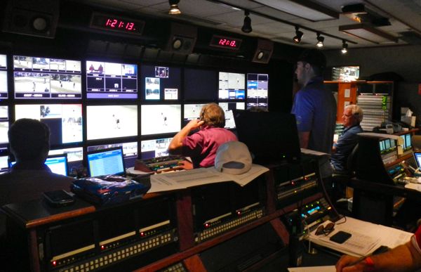 Producer Tom Randolph, center, controls NBC's coverage of the American Century Championship. Photos/Kathryn Reed
