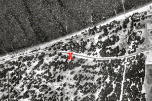 #4 (U S Geological Survey) is an aerial view of Bijou dated December 31, 1939, with a red X to locate the site.