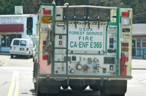 A USFS fire truck leaves the El Dorado County Fairgrounds on July 27 headed back to the fire. Photo/LTN