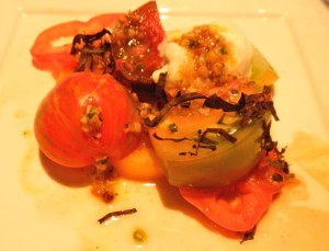 Heirloom tomatoes, above, and the corn bisque soup were highlights of the July 5 Farm to Table dinner at Resort at Squaw Creek. Photos/Kathryn Reed