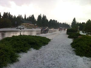 Pea-size hail looks like snow near Motel 6 in South Lake Tahoe. Photo/Susan Wood