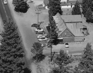 1950s Cecil's aerial perspective (Lake Tahoe Historical Society). The drive-in movie driveway alongside Cecil's also went to Van Sickle’s Riding Stables.