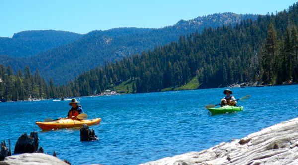 Tom and Pam kayak toward the channel at at Echo Lakes. Photos/Kathryn Reed