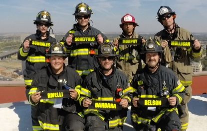 Those who made the climb on Sept. 11, 2014: Top Row from left: Michael Taormina, FF SLTFD Daniel Vallejo, FF SLTFD Chuck Malone, Captain LVFPD Michael Anderson, FF LVFPD Bottom Row from left: Michael Mileski, FF SLTFD Brennen Davis, FF SLTFD Scott Blasser, FF SLTFD. Photo/Provided