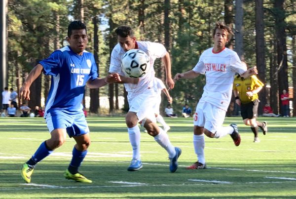 Midfielder Hector Hernandez, No. 15., goes for the ball Sept. 15 at LTCC. Photo/Jessie Marchesseau
