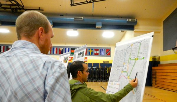 Garrett Villanueva, right, marks his trail ideas as Ben Fish with Design Workshop looks on Nov. 19. Photo/Kathryn Reed