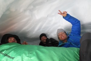Lel Tone in a snow cave for night with her teammates.